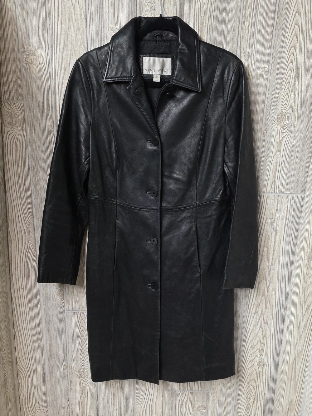 Nine West Vintage Black Leather Long Trench Coat Womens Size Medium
